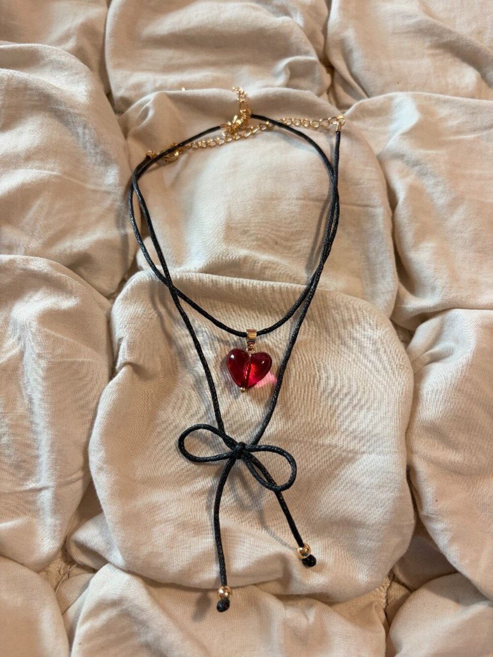 Free People Red Glass Heart Layered Tie Cord Bow Choker Necklace Coquette